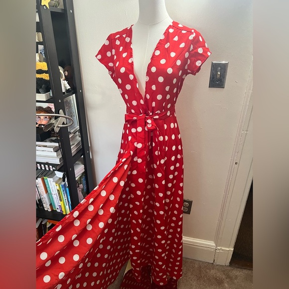 NWOT Red Polka Dot Maxi Dress with Self Tie Waist Size M - Picture 3 of 8